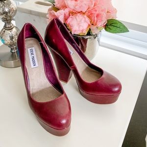 Maroon block platform heels
